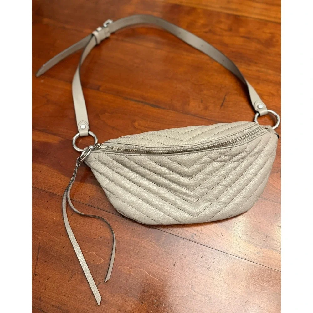 Rebecca Minkoff Edie Leather Sling Belt Bag Quilted Chevron Fanny Pack Taupe